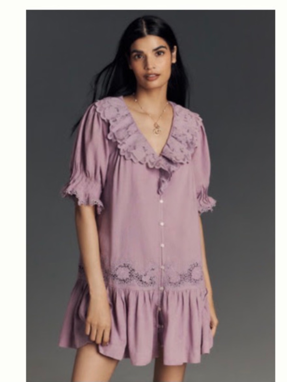 BY ANTHROPOLOGIE LINEN PUFF-SLEEVE V-NECK TUNIC MINI DRESS